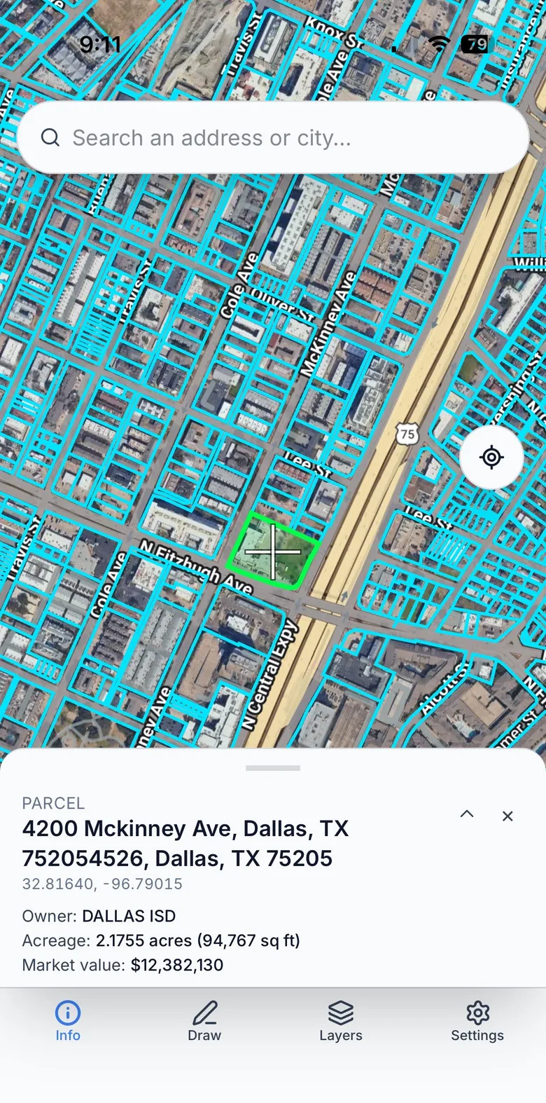 REMA on a phone: parcel outlines over an aerial of Dallas, with the selected parcel's owner, acreage and market value in the info sheet